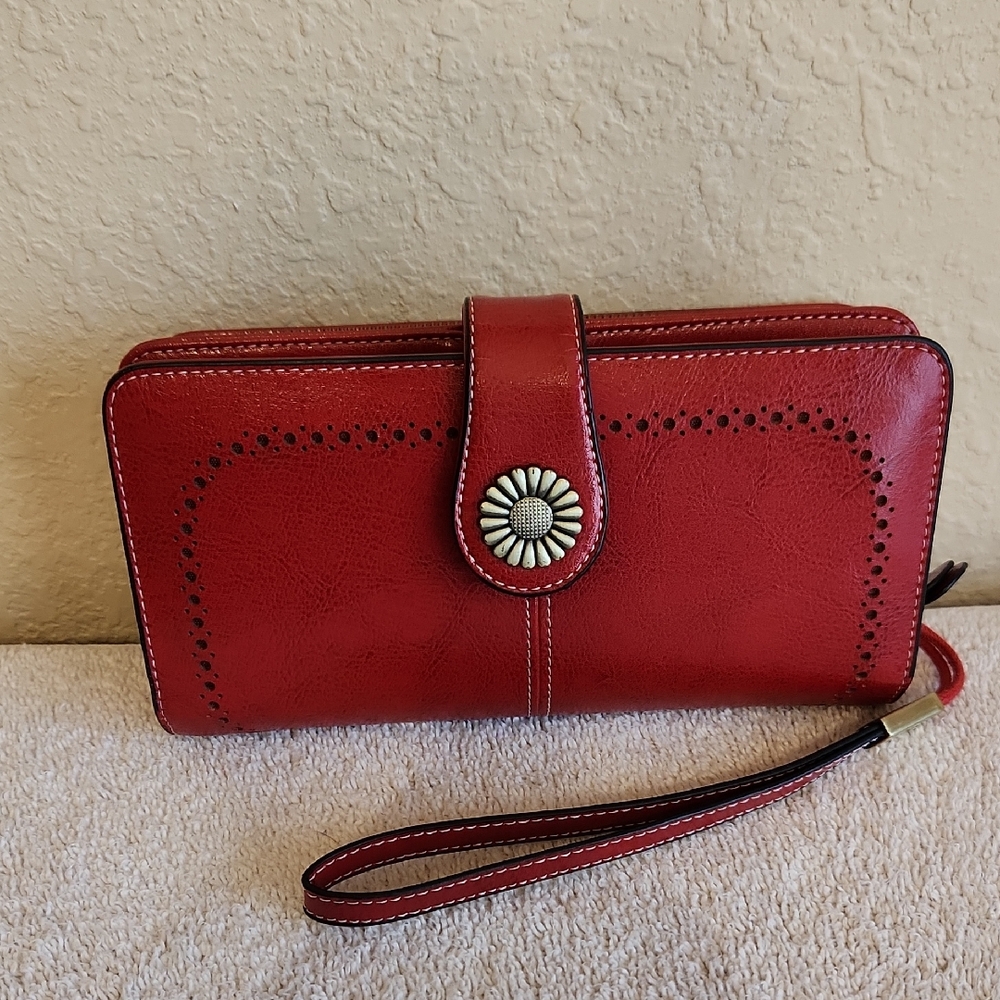 Red Women's Wristlet Wallet with Decorative Floral Concho